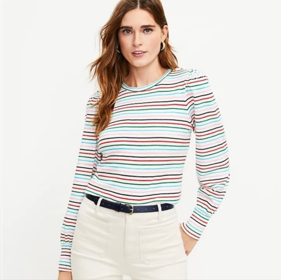 NWT LOFT Striped Puff Shoulder L/S Tee - Picture 2 of 4